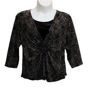 Elementz Top Womens Size XL Black Gold Floral 3/4 Sleeve Asymmetrical Glitter
